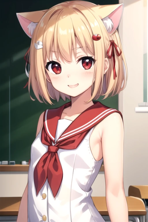 ((masterpiece)),(best quality),official art,extremely detailed CG,unity 8k wallpaper,ultra detailed,beautiful detailed eyes,extremely detailed face,classroom,1girl,solo,upper body,(portrait:1.5),looking at viewer,facing viewer,(child:1.2),(petite:1.5),smile,nanase yuzu,animal ears,cat ears,short hair,blonde hair,cat hair ornament,hair ribbon,white ribbon,bangs,red eyes,sailor dress,red sailor collar,red bow,sleeveless,button,small breasts,white pantyhose,loafers,<lora:Nanase Yuzu(ip2):0.7>,