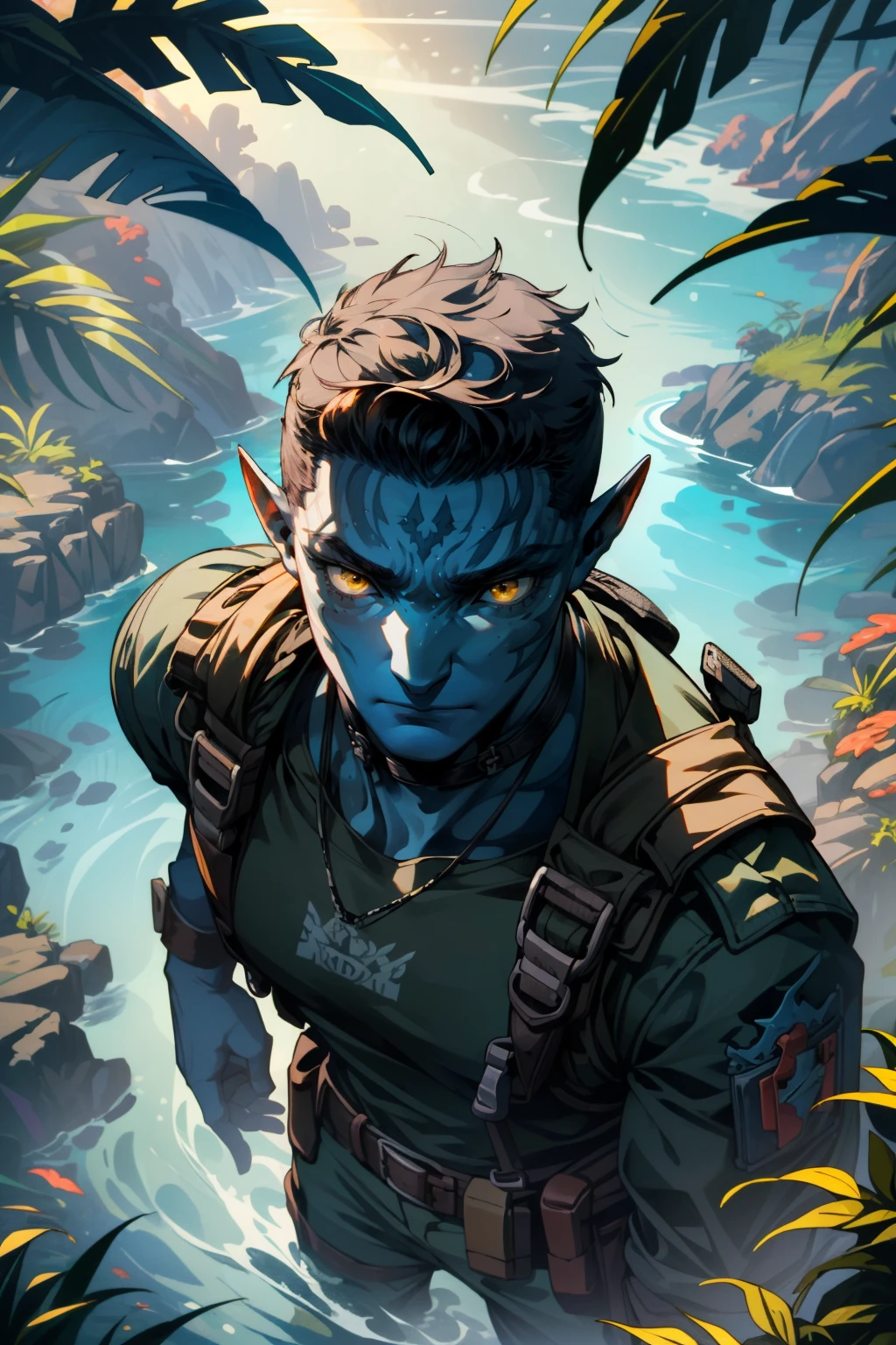 ((ultra detailed, masterpiece, absurdres))
<lora:AvMilesQ:0.8>
AvMilesQ, 1boy, short hair, blue skin, yellow eyes, Aerial view of tropical islands, vibrant coral formations, dynamic sunlight