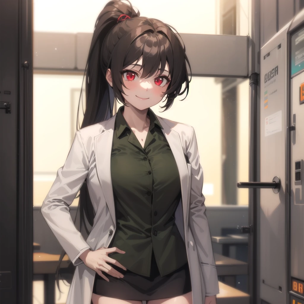 masterpiece, best quality, 1girl, solo, smile, standing, red eyes, brown hair, long hair, ponytail, labcoat, green undershirt, short skirt, <lora:Carmen:1>, <lora:GoodHands-vanilla:1>