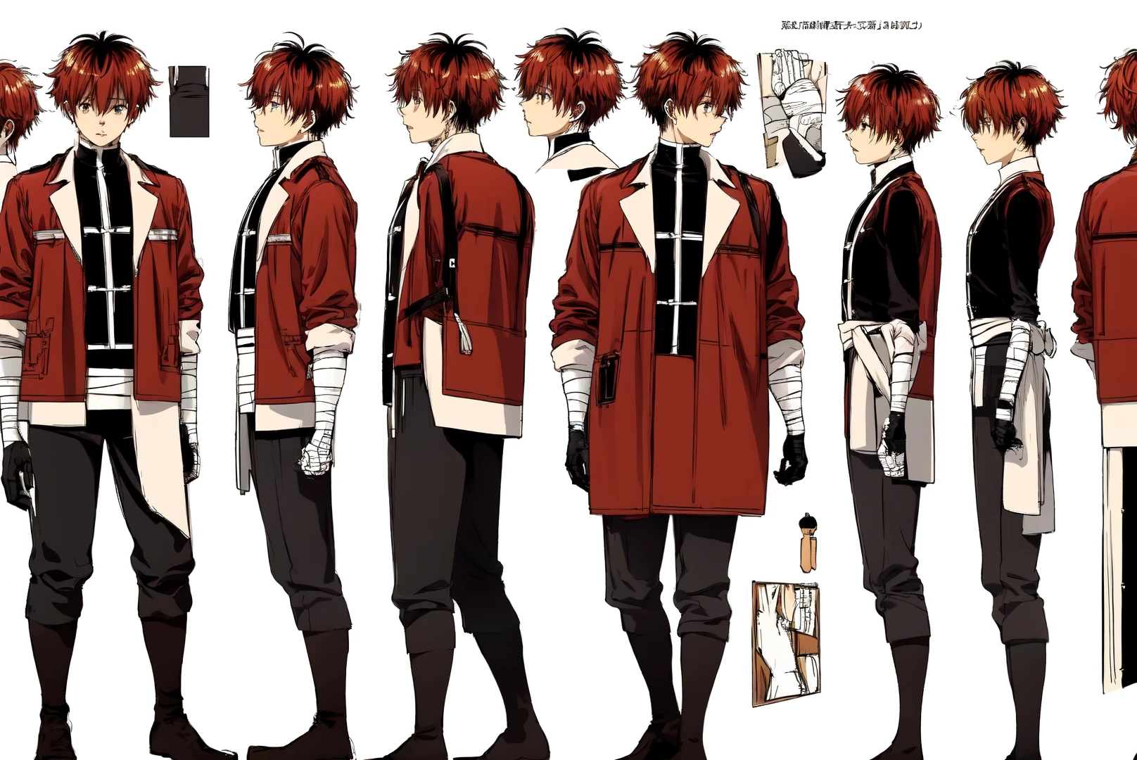 masterpiece, best quality, absurdres, 1boy, solo,
<lora:Stark:1>StarkFrieren, red jacket, black shirt, white sash, black pants, bandages, gloves, wide shot,
<lora:ConceptArt:1>, (info reference sheet:1.5),
