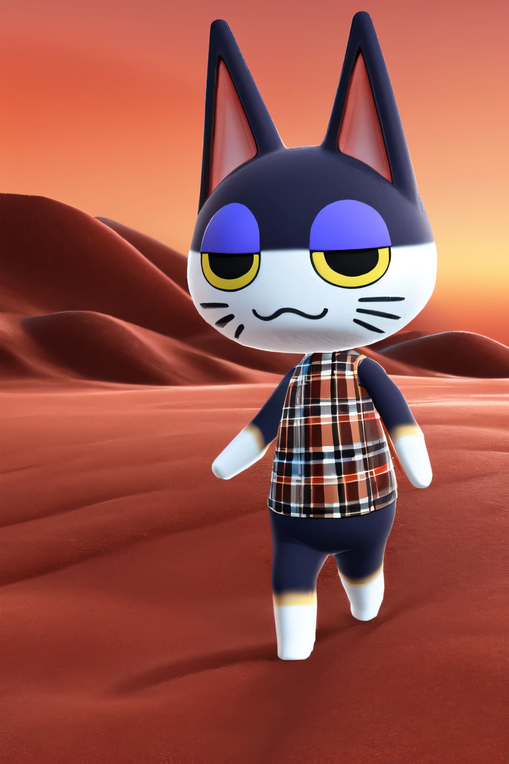 masterpiece, high quality, absurd res, 3d \(artwork\), punchy, 1boy, furry male, cat boy, full body, walking, (very wide shot:1.5), half-closed eyes, :<, black fur, white fur, two tone fur, cat ears, black eyes, yellow sclera, colored sclera, whiskers, no nose, tail, plaid shirt, sleeveless, detailed background, desert, sand, wasteland, horizon, (red sky, red sand:1.4), night, (8k hd, hdr:1.1) <lora:punchyAC:1>