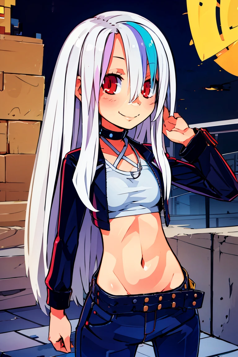 ((masterpiece,best quality)), absurdres, <lora:Roxy_Citron_OC_AnyLora:0.8>, Roxy_Citron_OC, 1girl, solo, red eyes, white hair, rainbow hair, long hair, streaked hair, hair between eyes, smile, open jacket, black jacket, cropped jacket, shirt, belt, criss-cross halter, shirt, choker, pants,  jewelry,