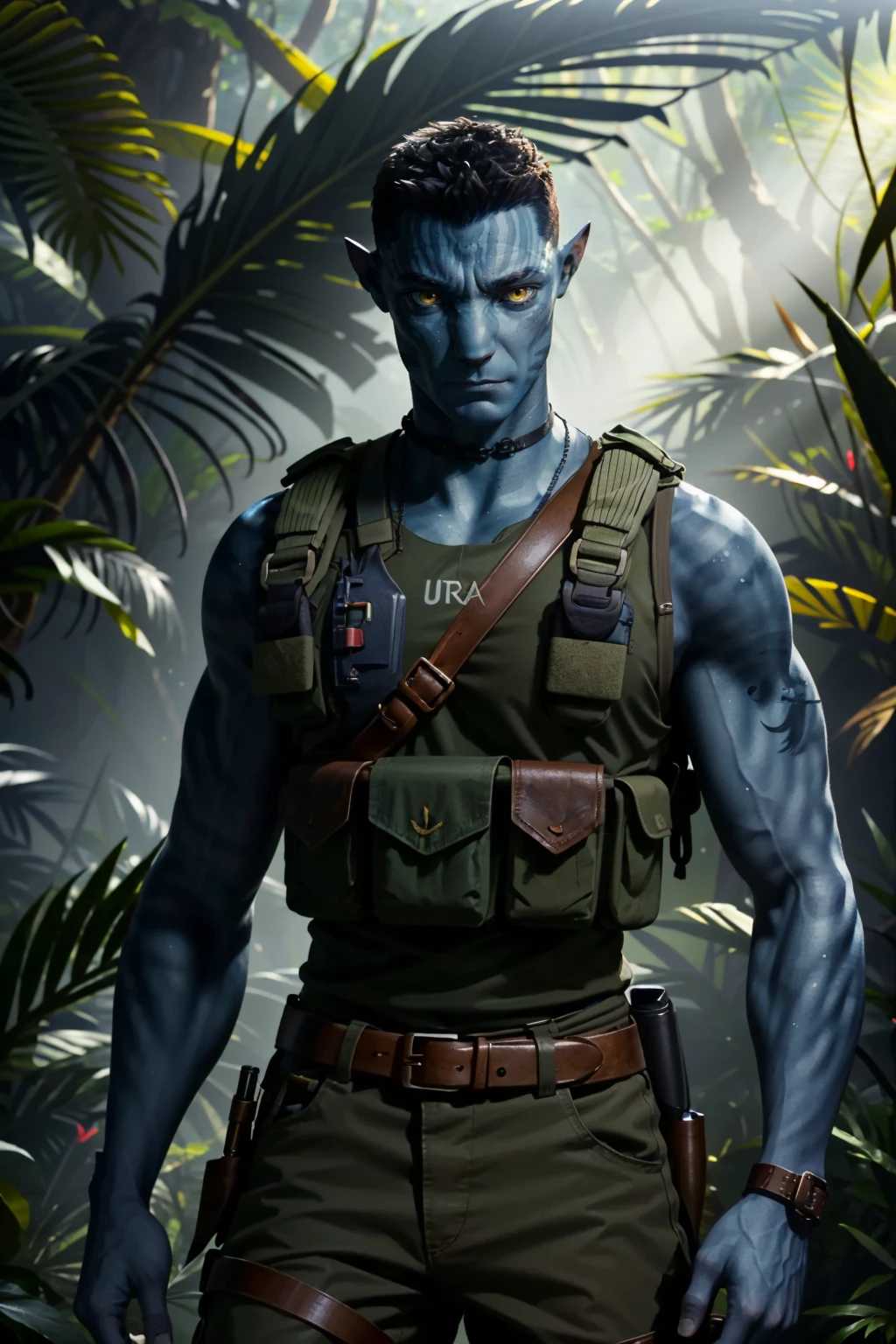 AvMilesQ, man, short black hair,one braid, blue skin, yellow eyes, military clothes, bulletproof vest, green pants, looking at viewer, serious, standing, hands on hips, outside, jungle, trees, river, natural lighting, high quality, masterpiece, <lora:AvMilesQ:.7>