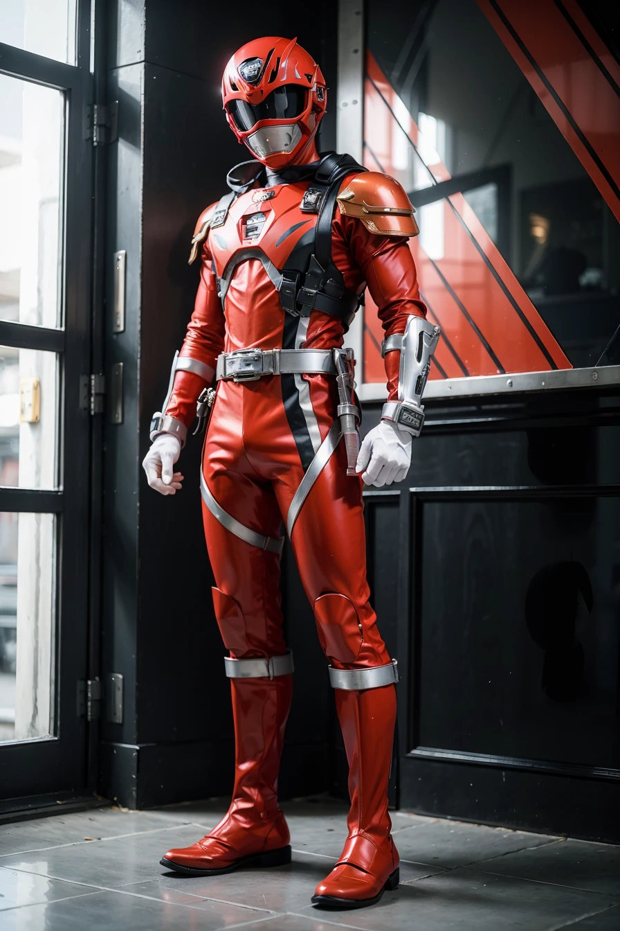 (masterpiece), best quality, perfect face, 1man, full body, (red costume), armor suit, masked, helmet, SPDPowerRanger, <lora:SPD-02:1>