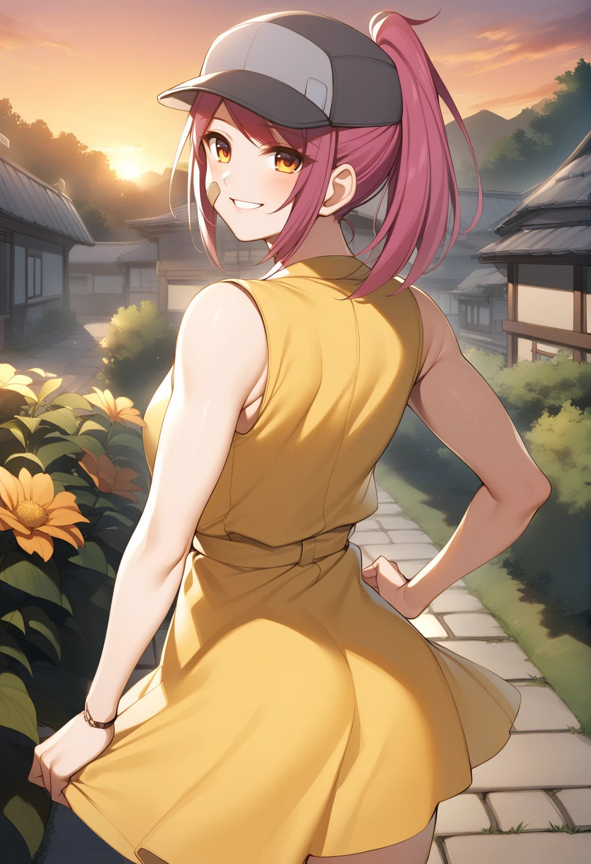 toosaka asagi, airisubaka, best quality, cowboy shot, outdoors, garden, village, sunset, 1girl, solo, LeahAirisubaka, bandaid on cheek, short hair, ponytail, <lora:LeahAirisubakaAniXL_V1-Manityro-adamw:1>, toned, smile, parted lips, blush, looking at viewer, baseball cap, yellow dress, yellow sundress, looking back, from behind