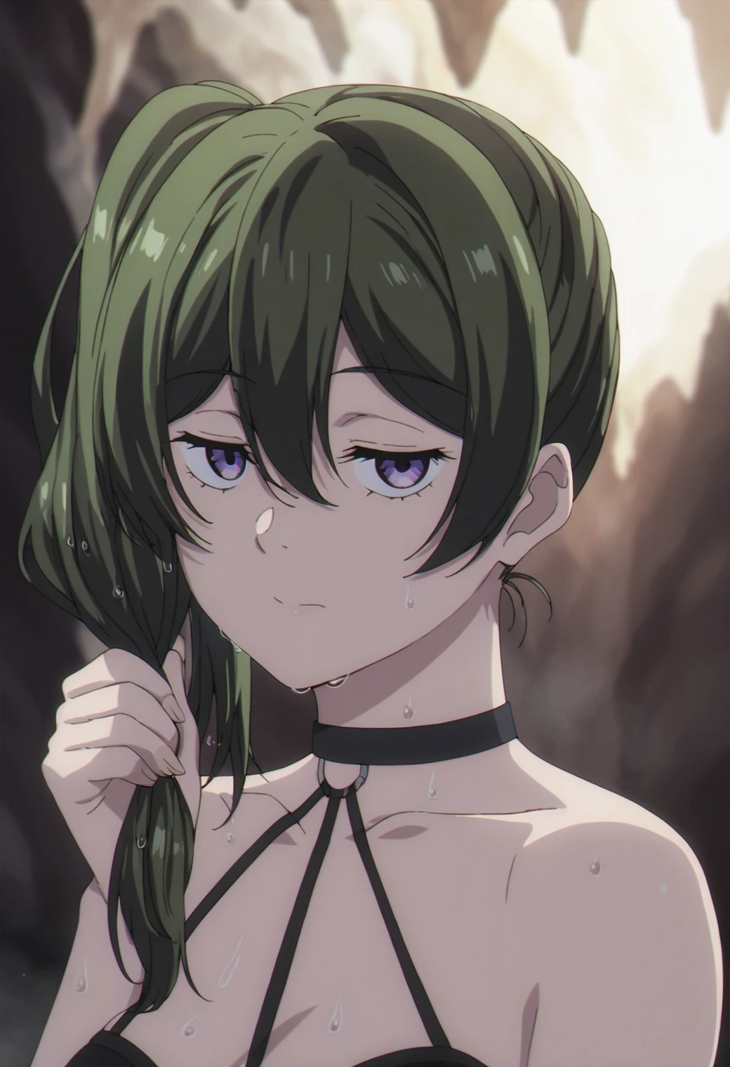 1girl, ubel, <lora:ubel_ponyxl_v1:0.9>, solo, green hair, side ponytail, purple eyes, half-closed eyes, BREAK
halterneck, black choker, BREAK
upper body, close-up, closed mouth, wet hair, holding own hair, sweat, looking at viewer, BREAK
dark, cave, BREAK
score_9, score_8_up, score_7_up, score_6_up, score_5_up, anime, (high quality, detailed, beautiful), shiny, detailed beautiful eyes, outstanding, countershading, detailed soft lighting