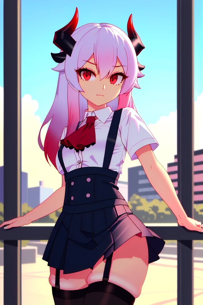 (best quality, masterpiece, hires), <lora:Arco_-_Marco_and_the_Galaxy_Dragon:0.8>, arco, lilac hair, horns, red eyes, dip dye, ascot, suspender skirt, ,((toon)), 3d, garter straps,  thighhighs,