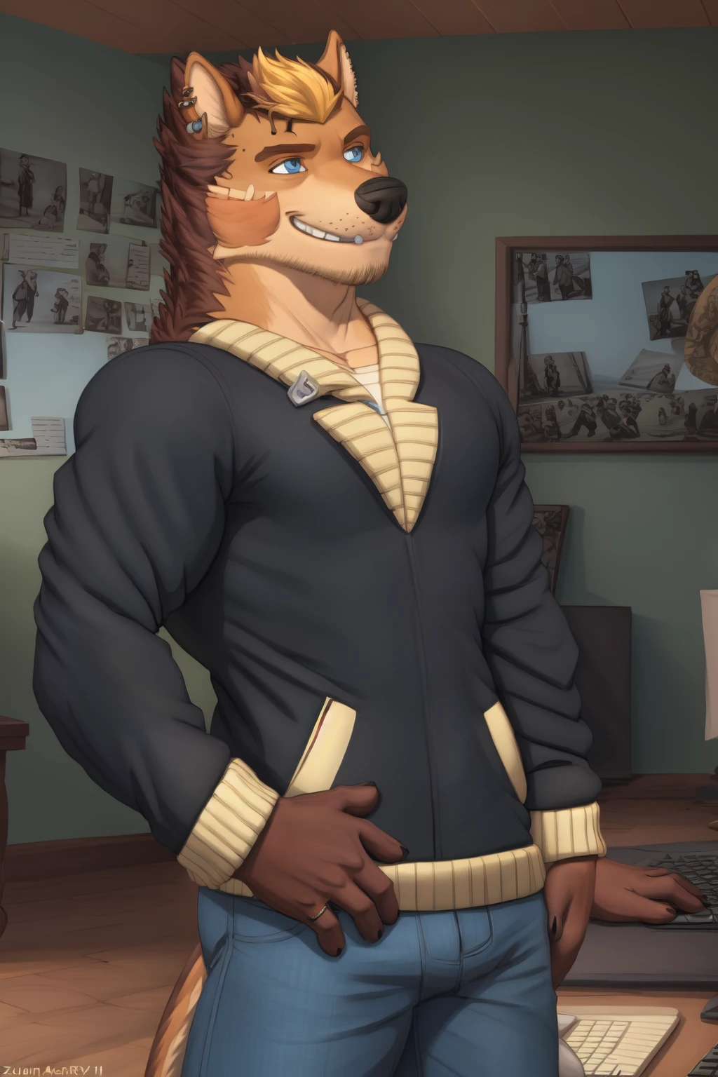 <lora:fred-06:1>, fredhze, solo, blue eyes, piercing, (posing:1.3), (soft shading), 4k, hi res, ((detailed face, detailed)), by zackarry911, by zaush, (by personalami:0.5), smile, smile, 1boy, jewelry, jacket, male focus, pants, feet out of frame, jeans, keyboard (computer), black jacket,