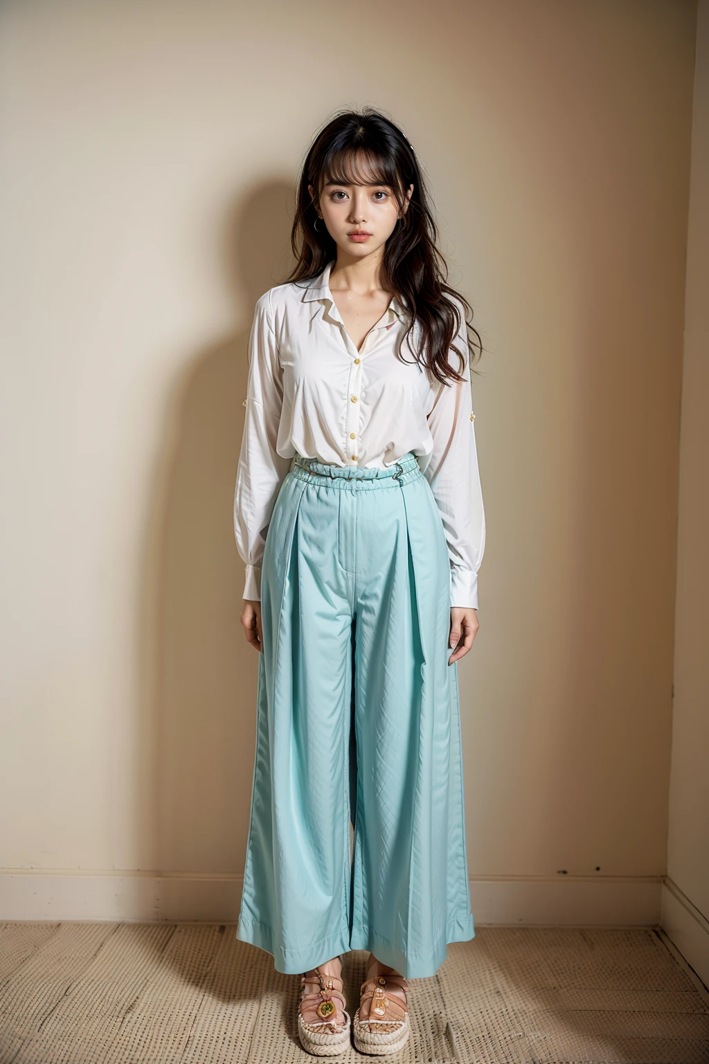 (Flowy_blouse:1.5),(Wide-leg_pants:1.4),(Espadrille_wedges:1.3),
