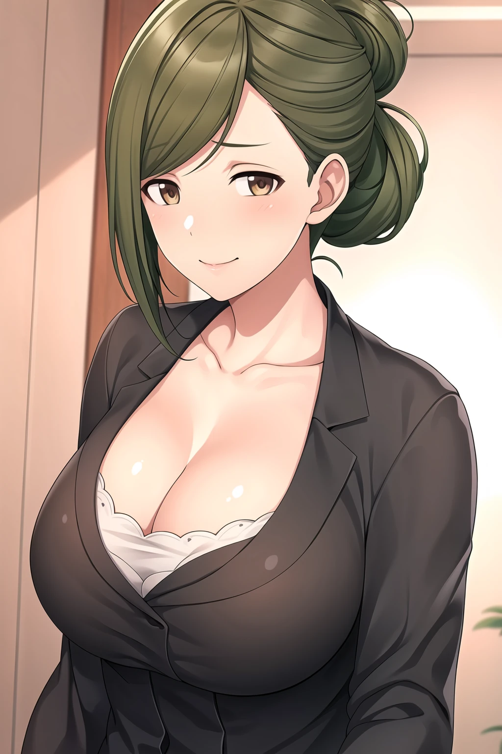 Simple Background,White Background,
Black jacket, collarbone, cleavage, 
<lora:hazuki_nanakusa_IDOLMaSTER-KK77-V1:0.7>,office lady, 
Brown eyes, Green hair,bangs,short hair,hair bun,
<lora:Oda_Non_Style-KK77-V2:0.3>,<lora:more_details:0.1>,
1 girl, 20yo,Young female,Beautiful long legs,Beautiful body,
Beautiful Nose,Beautiful character design, perfect eyes, perfect face,expressive eyes,perfect balance,
looking at viewer,(Focus on her face),closed mouth, (innocent_big_eyes:1.0),(Light_Smile:0.3),
official art,extremely detailed CG unity 8k wallpaper, perfect lighting,Colorful, Bright_Front_face_Lighting,White skin,
(masterpiece:1.0),(best_quality:1.0), ultra high res,4K,ultra-detailed,
photography, 8K, HDR, highres, absurdres:1.2, Kodak portra 400, film grain, blurry background, bokeh:1.2, lens flare, (vibrant_color:1.2),professional photograph,
(Beautiful,large_Breasts:1.4), (beautiful_face:1.5),(narrow_waist),