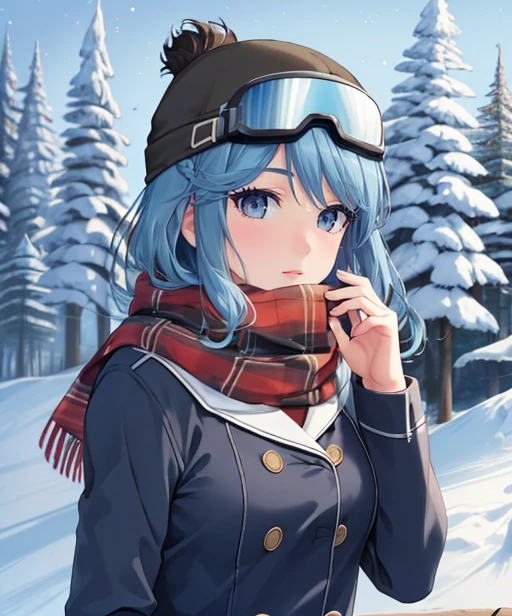 (adult woman), (1girl, solo), (looking at viewer), (ski goggles, goggles on head), (ski cap, ski coat, scarf), (blue hair, braid), (grey eyes), ((trees, slope)), (night, stars), (best quality, high detail), ((masterpiece)), <lora:1_k-ko_15e:1>