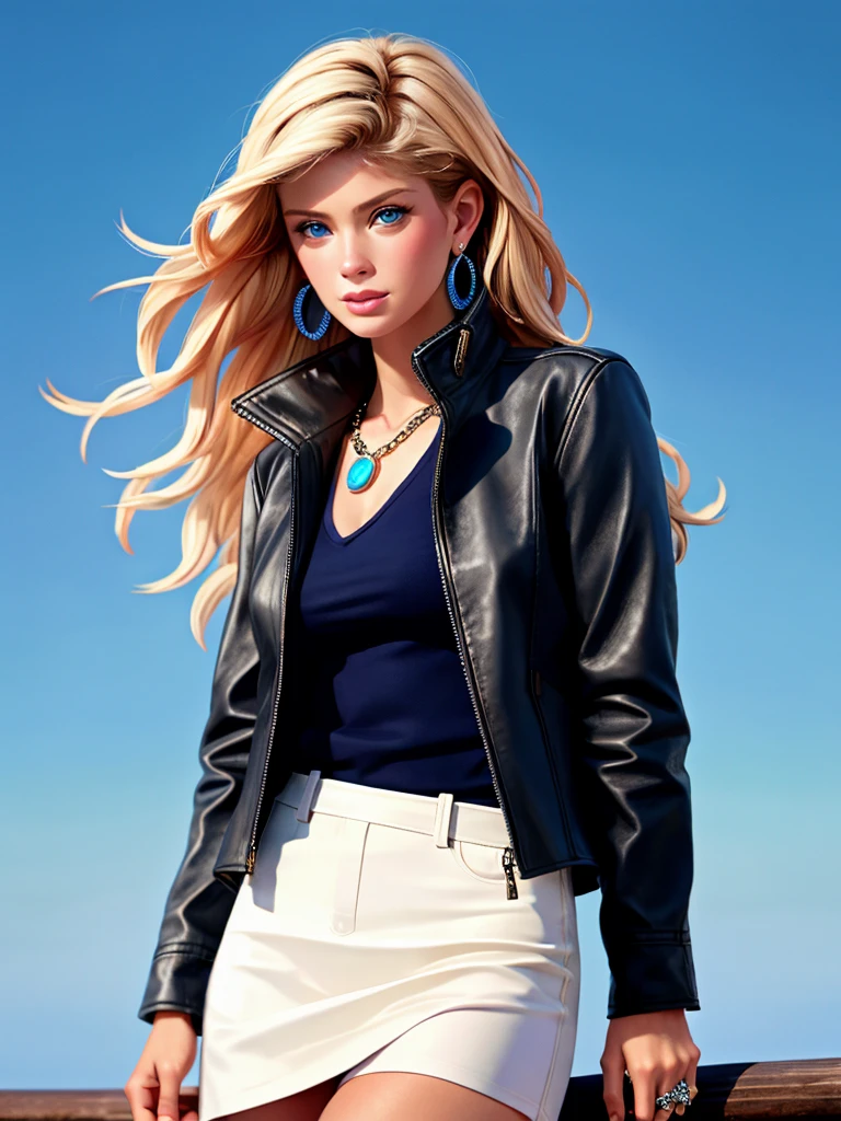 A beautiful r4ch3lh woman,1girl,solo,long hair,looking at viewer,blue eyes,skirt,blonde hair,jewelry,jacket,earrings,necklace,lips,black jacket,head tilt,ring,realistic,leather,leather jacket,soft lighting, professional Photography, Photorealistic, detailed, RAW, analog, sharp focus, 8k, HD, high quality, masterpiece<lora:r4ch3lh:1.0>