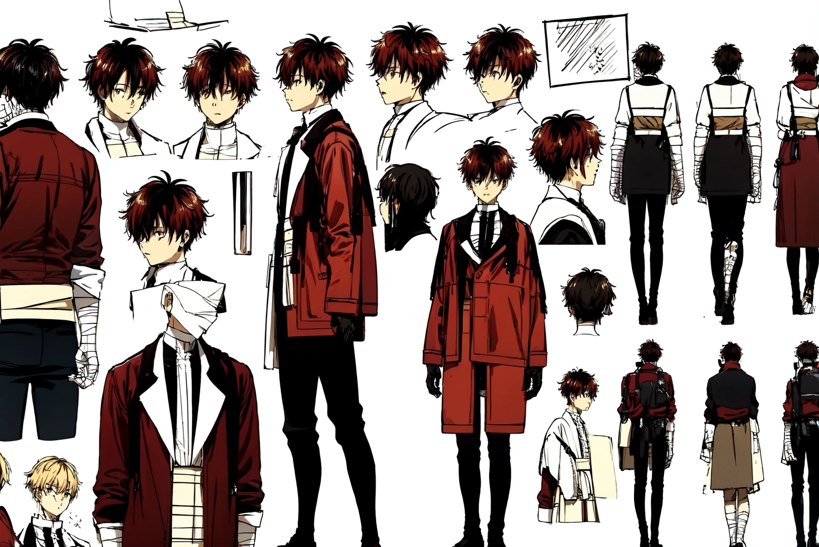 masterpiece, best quality, absurdres, 1boy, solo, 
<lora:Stark:1>StarkFrieren, red jacket, black shirt, white sash, black pants, bandages, gloves, wide shot, 
 <lora:ConceptArt:1>, (info reference sheet:1.5), 
<lora:GoodHands-vanilla:1>, <lora:JW:1>