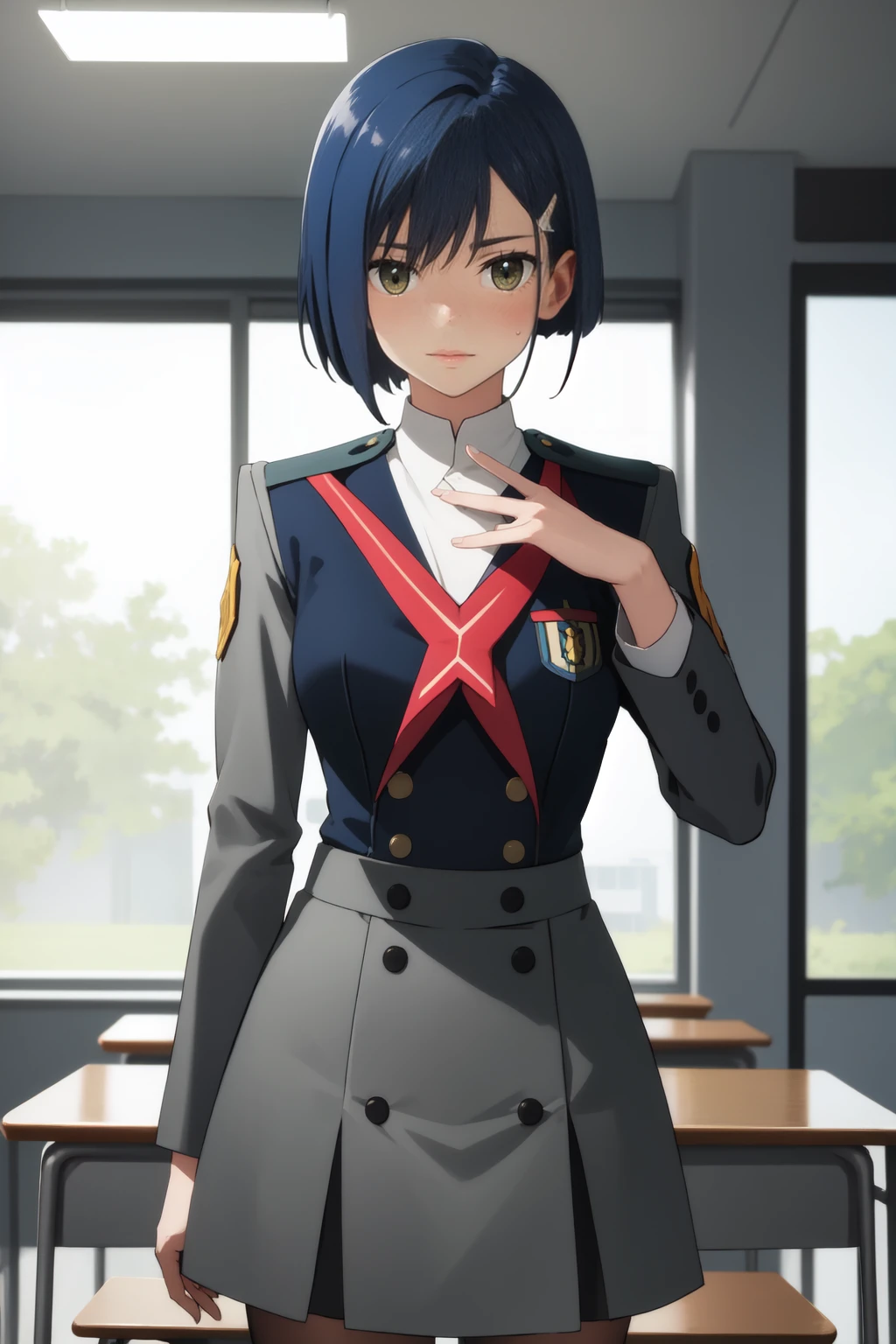 masterpiece, best quality, absurdres, <lora:Ichigo:0.7> Ichigo, green eyes, hairclip, <lora:age_slider_v2:0.4>, <lora:breastsizeslideroffset:-0.2>, uniform, military uniform,  grey skirt, grey dress, 
nice hands, perfect hands, <lora:GoodHands-beta2:1>, beaufitul hand, beautiful finger, BREAK School, classroom, school chair, school desk, sharp focus, (perfect anatomy), cowboy shot, [Cinematic lighting|Volumetric Lighting], looking at viewer