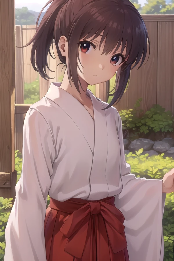 kaorukosumirekoichijou, <lora:kaoruko sumireko ichijou s1-lora-nochekaiser:1>,
kaoruko sumireko ichijou, brown hair, (brown eyes:1.5), ponytail,
BREAK skirt, long sleeves, japanese clothes, hakama, hakama skirt, miko, red hakama,
BREAK outdoors, shrine,
BREAK looking at viewer, (cowboy shot:1.5)
BREAK <lyco:GoodHands-beta2:1>, (masterpiece:1.2), best quality, high resolution, unity 8k wallpaper, (illustration:0.8), (beautiful detailed eyes:1.6), extremely detailed face, perfect lighting, extremely detailed CG, (perfect hands, perfect anatomy),