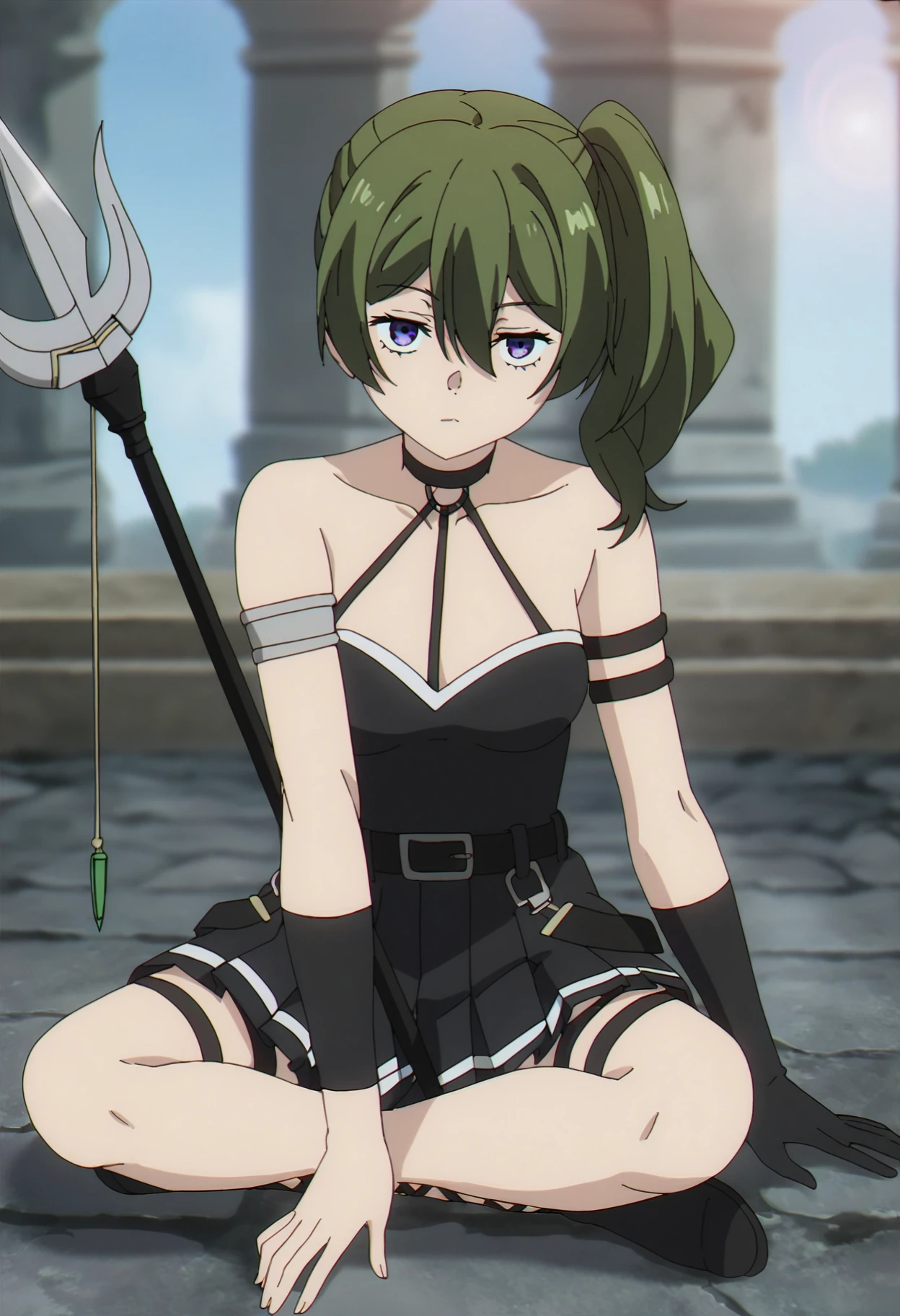 1girl, ubel, <lora:ubel_ponyxl_v1:0.9>, solo, green hair, side ponytail, purple eyes, BREAK
halterneck, black choker, armlet, arm strap, bare shoulders, black gloves, single glove, black dress, sleeveless dress, pleated dress, black belt, calflet, thigh strap, black footwear, BREAK
full body, sitting, polearm, holding polearm, BREAK
score_9, score_8_up, score_7_up, score_6_up, anime,
(high quality, detailed, beautiful), shiny, detailed beautiful eyes, outstanding, countershading, detailed soft lighting