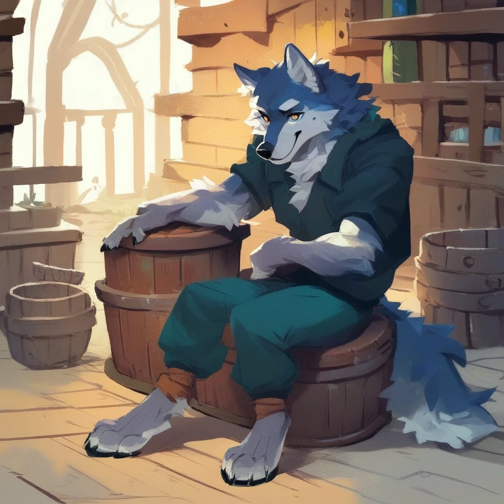 score_9,score_8_up,score_7_up,score_6_up,score_5_up,score_4_up, anthro wolf sitting on a wooden barrel in a cellar, rating_safe, solo