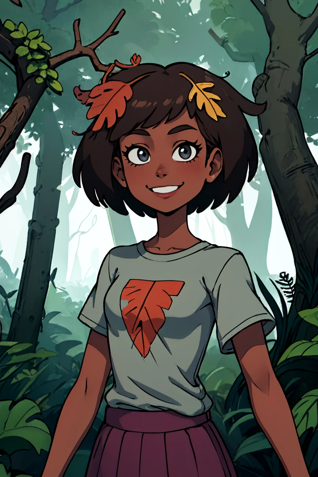 <lora:AnneAmphibia2.0:0.7> anne, 1girl, short hair, dark-skinned female, leaf on head, grey shirt, skirt, looking at viewer, smile, forest, best quality, high quality, masterpiece, absurdres, upper body,