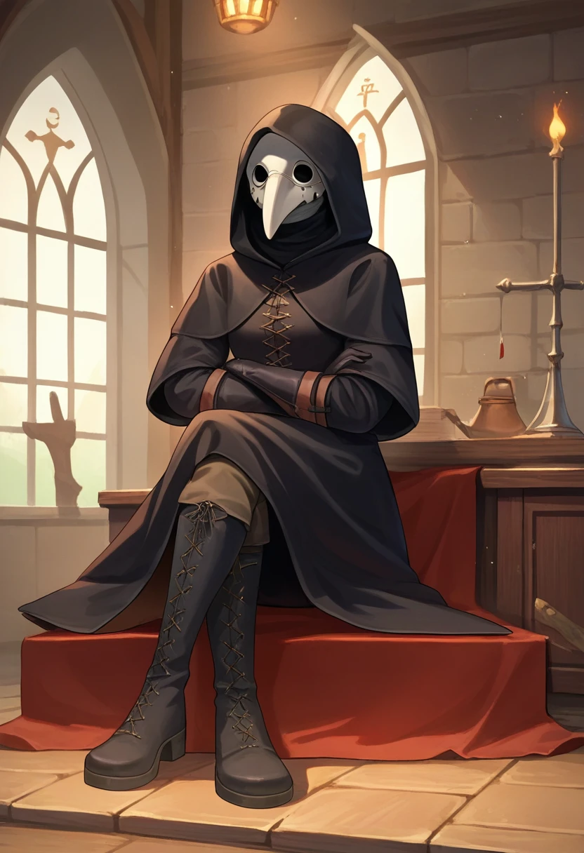 score_9, score_8_up, score_7_up, source_anime, rating_safe, solo, 1girl, plague doctor, mask, sitting, crossed legs, hood up, black coat, black gloves, pants, boots, indoors, medieval, alchemy lab <lora:generic_plaguedoctor_xl_ponyXL:1>