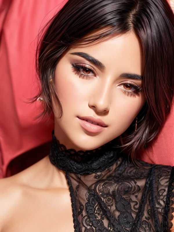 face of Beautiful woman with, black eyelash, black eyeliner, red blush, black wavy haircut, brown eyes, wearing red dress; spain sunny day, close up, perfect face, perfect body, ultra-detailed face, ultra-detailed eyes , <lora:add_detail:0.5> front view, <lora:Cameron:0.6> looking at viewver