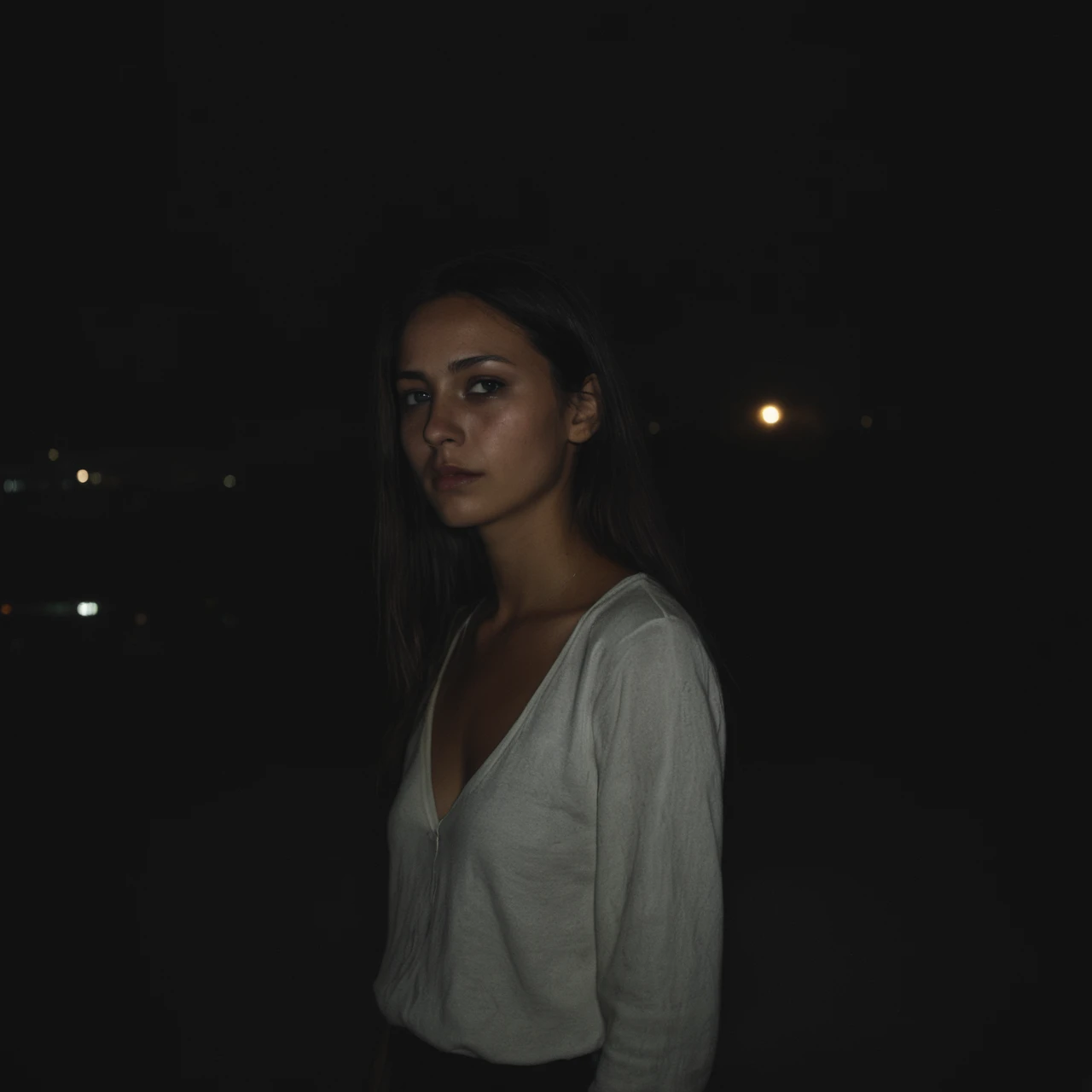 a very dark photo of a woman, night