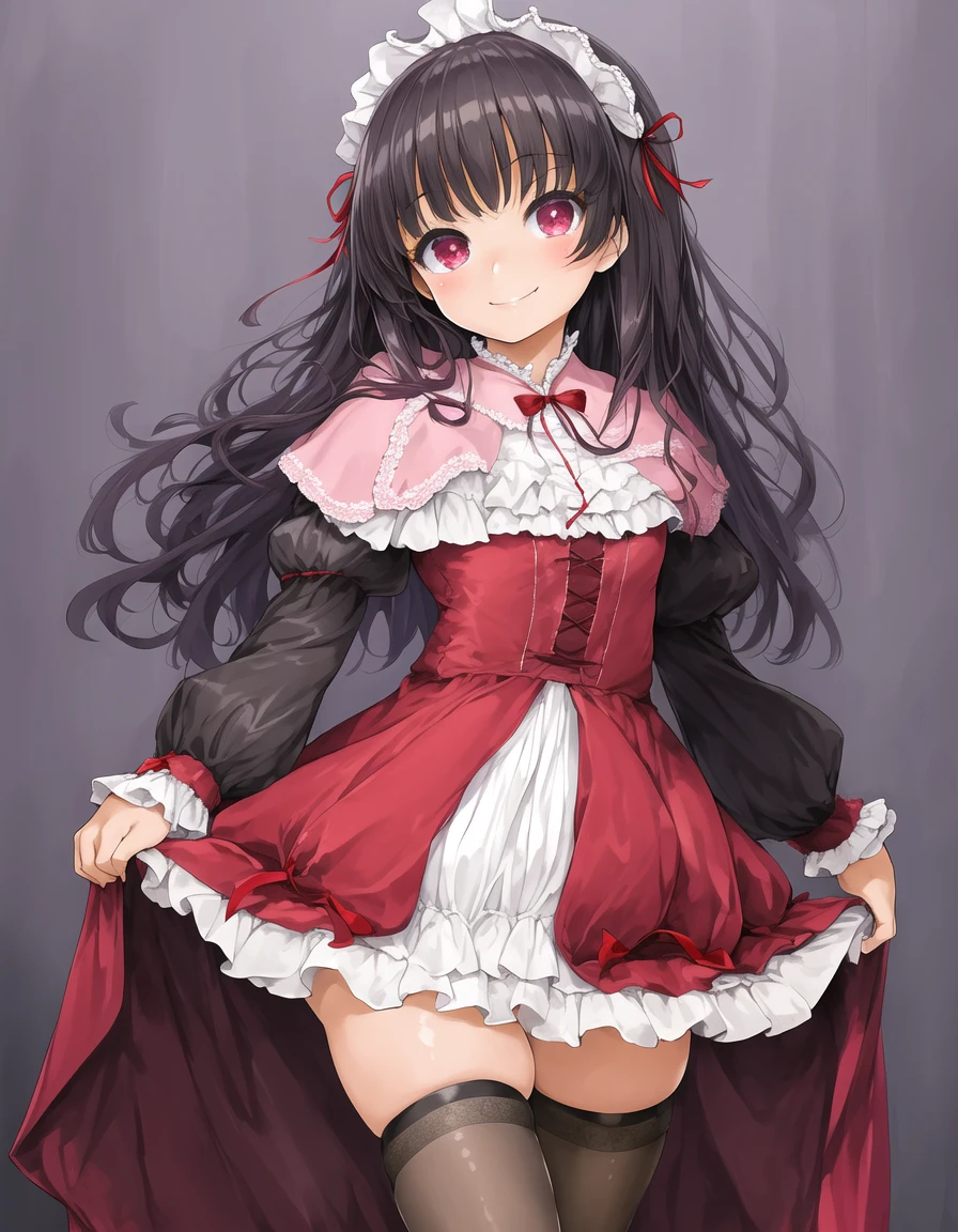 masterpiece, best quality, 1girl, solo, female, capelet, dress, frilled dress, frills, gothic, hair ribbon, puffy long sleeves, red ribbon, thighhighs, smile, looking at viewer, smirk
<lora:ishikei-000006:0.8>