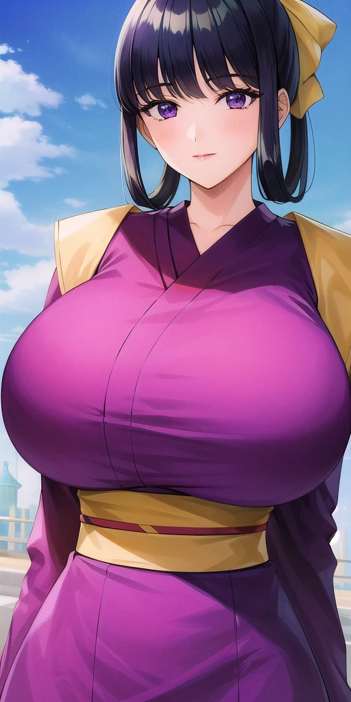 <lora:AkikoHoujohV9:.7> AkikoHoujoh, huge_breasts, standing, solo, purple_dress, yellow_hair_bow,, masterpiece, best_quality, detailed_face, detailed_eyes, highres, beautiful, detailed,