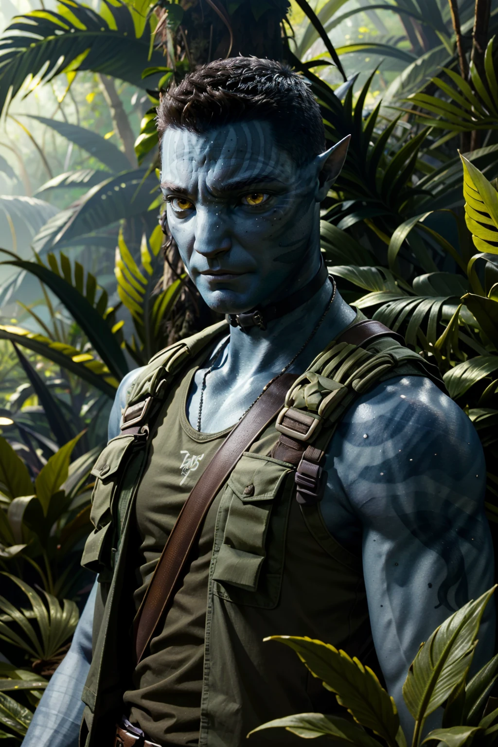 (tmasterpiece, hight resolution),Man,Tall, jock, big muscles, big breasts, Black hair, Na'vi, blue skin, 8k, Jungle, trees in the background, the sweat, Depth of field, saturated, puro, Detailed, hyper-detalied, an intricate, blue skin, Detailed leather, pores skin, ultra quality, film grains
