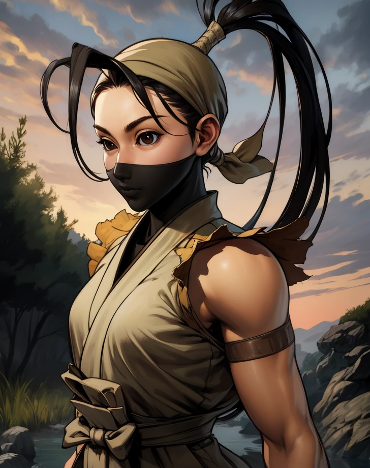 Ibuki,brown eyes,black hair,ponytail,
ninja,mouth mask,
standing,upper body,
outdoors,dawn,
(insanely detailed, masterpiece, best quality) solo,<lora:IbukiSF4-11:0.8>,