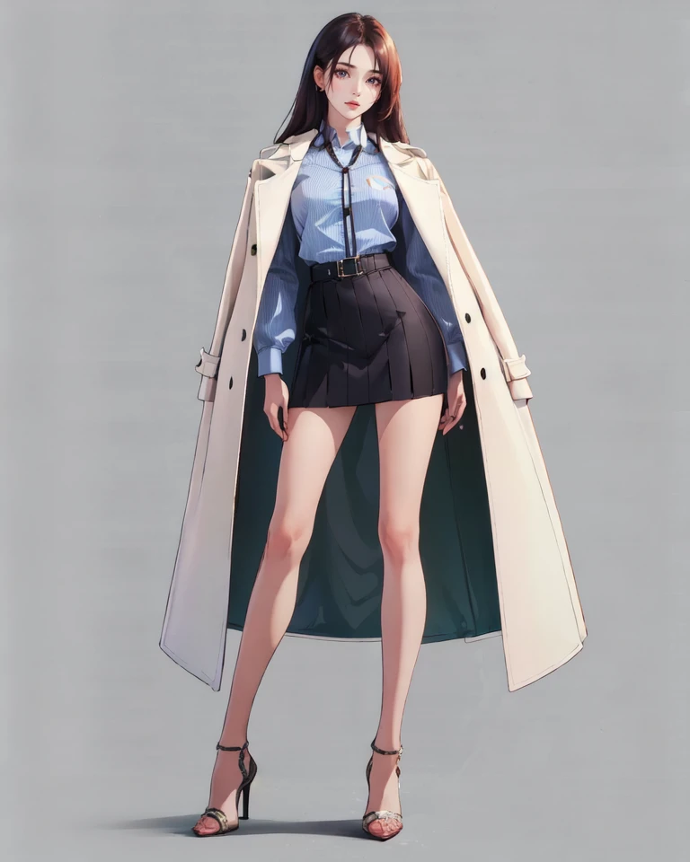 1girl, standing, simple background, (full body:1.3), skirt, collared shirt, high heels, <lora:COS1:1> coat on shoulders, jacket on shoulders, high details, (masterpiece, best quality, hires, high resolution:1.2),(extremely detailed,intricate details, highres),film grain