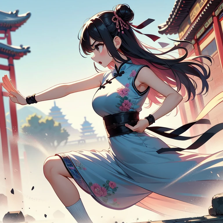 (((masterpiece))), (((best quality))), (((tsuuhaiken))), (((outstretched arms))), (((hand close to waist))), ((5 fingers)), lunge, sidelocks, longhair, wristband, sleeveless, ((see through cut-out white chiffon floral qipao)), fluttering skirt, wind, dust, steam, solo, 1girl, (((big tits))), ((ribbon)), open mouth, sweat, shy, blush, ((slim figure)), lace stockings, (((ancient china ruins))), <lora:girlliketsuuhaiken:1>,