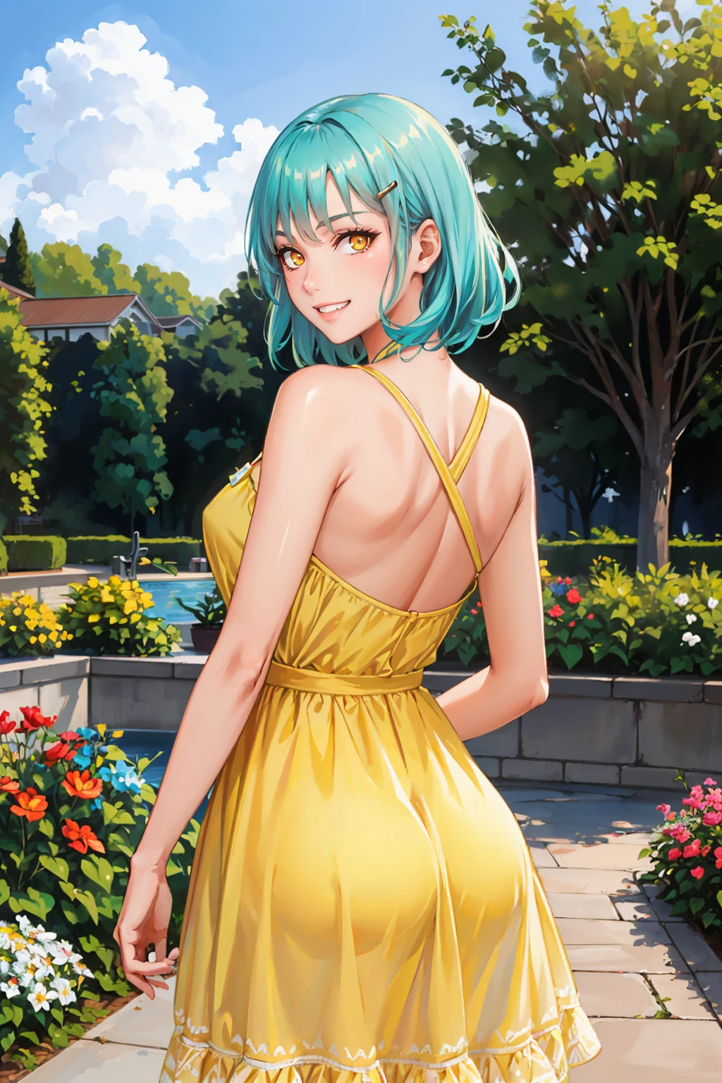 masterpiece, best quality, <lora:fuu-nvwls-v1-000009:1> defFuu, aqua hair, hairclip, yellow sundress, from behind, garden, grin, <lora:edgChamYellowSundress:1> edgYSD,woman wearing a yellow sundress