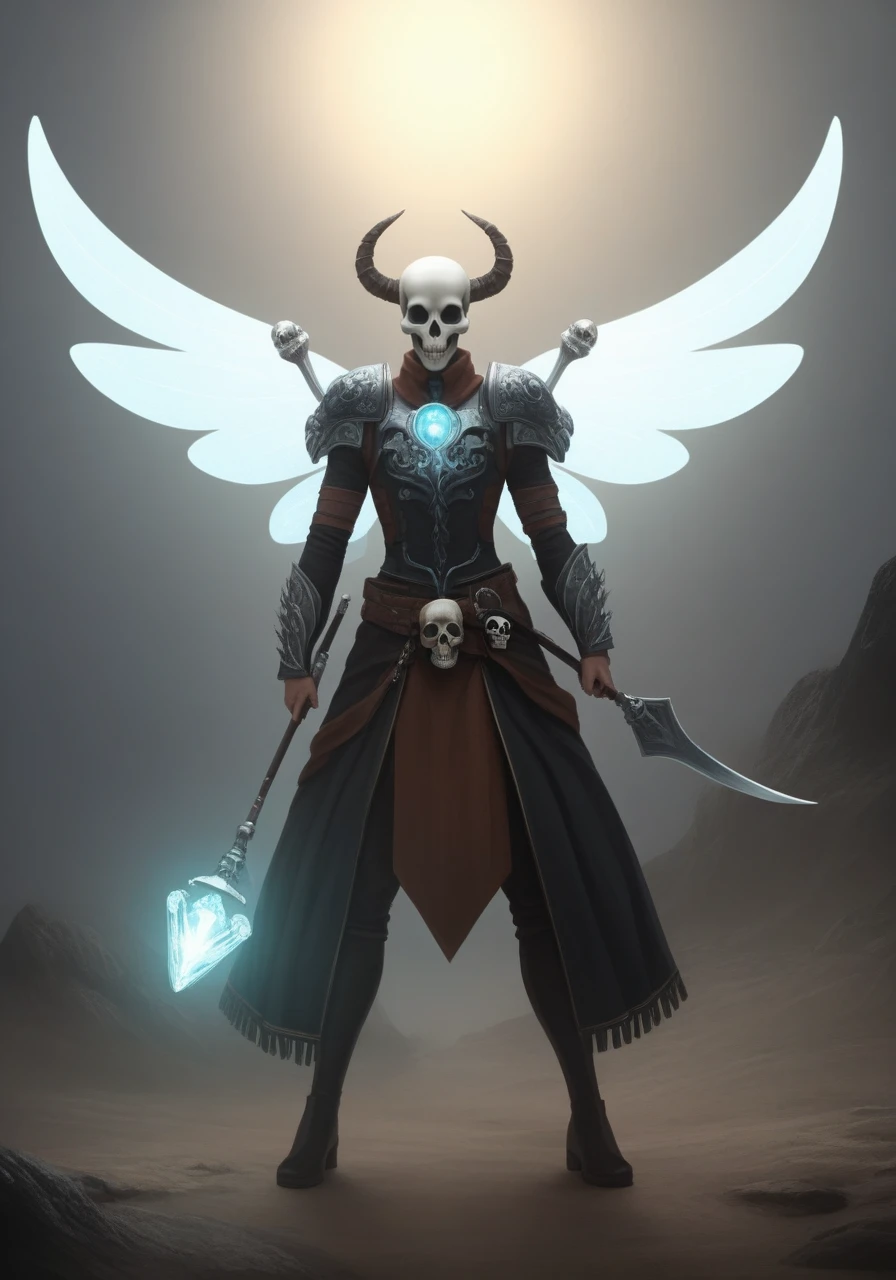 very complex hyper-maximalist overdetailed cinematic, a fairy with glowing wings ((holding a human skull))