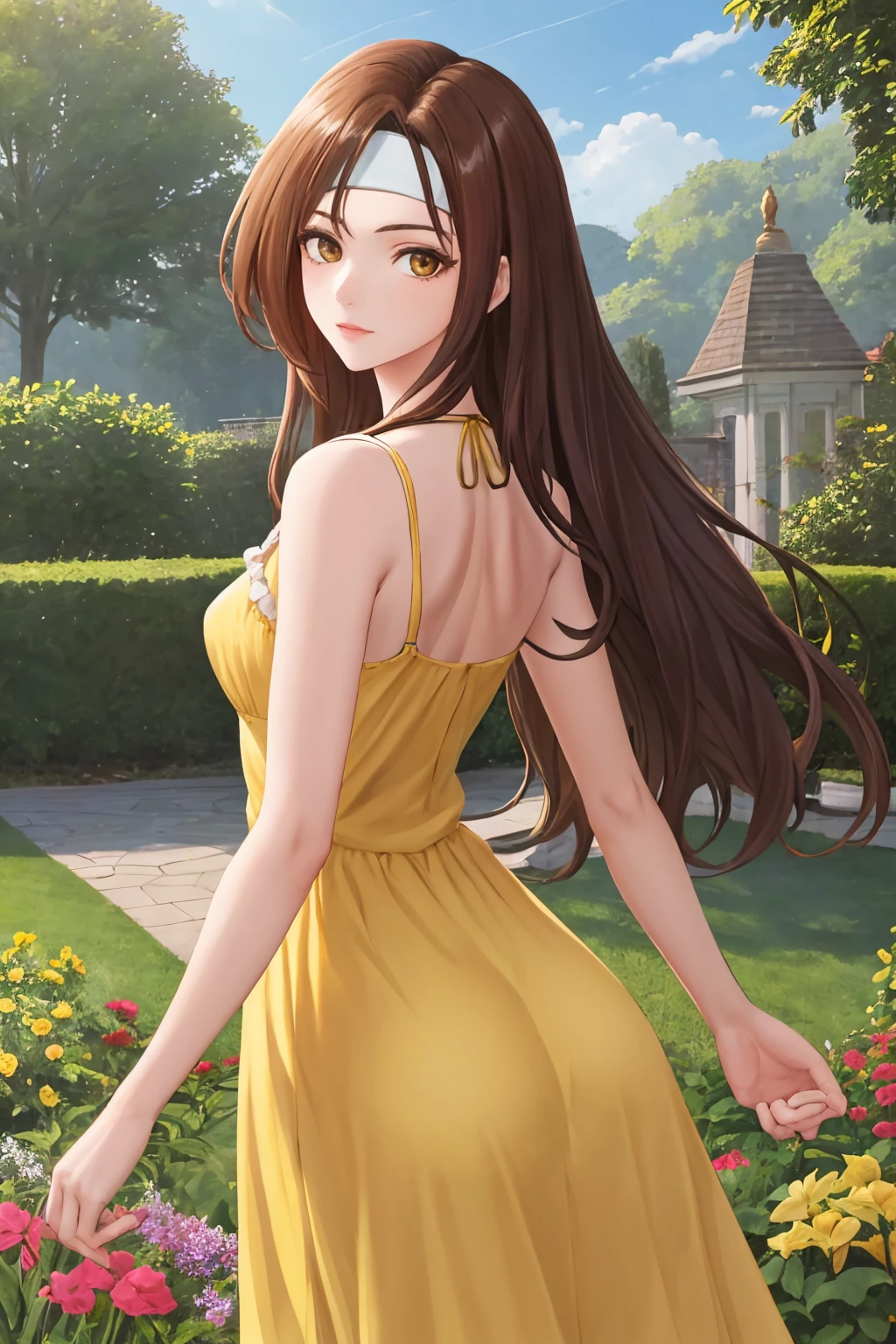 masterpiece, best quality, 1girl, solo, <lora:altena-fe-richy-v1:1> altena, headband, from behind, (yellow sundress:1.3), brown eyes, garden, outdoors, looking back, looking at viewer,
