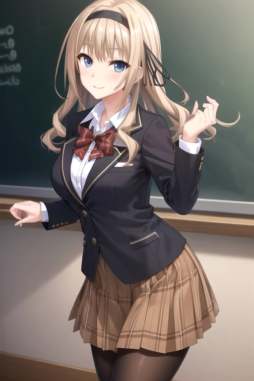 ((masterpiece)),(best quality),official art,extremely detailed CG,unity 8k wallpaper,ultra detailed,beautiful detailed eyes,extremely detailed face,classroom,1girl,solo,cowboy shot,looking at viewer,facing viewer,smile,long wavy blond hair,black hairband,black ribbon,sidelocks,bangs,blue eyes,school uniform,blazer,black jacket,wing collar,red bowtie,sweater,collared shirt,white shirt,button,long sleeves,large breasts,brown skirt,plaid skirt,black pantyhose,loafers,<lora:Shinonome Saya(nl):0.8>,