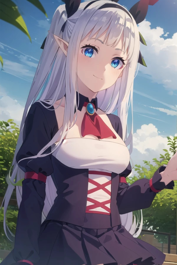 rurushiru, <lora:rurushi ru s1-lora-nochekaiser:1>,
rurushi ru, long hair, blue eyes, hairband, pointy ears, two side up, white hair, smile,
BREAK dress, puffy sleeves, black dress, ascot, brooch, skirt, long sleeves, pantyhose, pleated skirt, puffy sleeves, black skirt, black hairband, red pantyhose,
BREAK outdoors, farm, crops, plants, trees, grass, sun, sky, clouds,
BREAK looking at viewer, (cowboy shot:1.5)
BREAK <lyco:GoodHands-beta2:1>, (masterpiece:1.2), best quality, high resolution, unity 8k wallpaper, (illustration:0.8), (beautiful detailed eyes:1.6), extremely detailed face, perfect lighting, extremely detailed CG, (perfect hands, perfect anatomy),