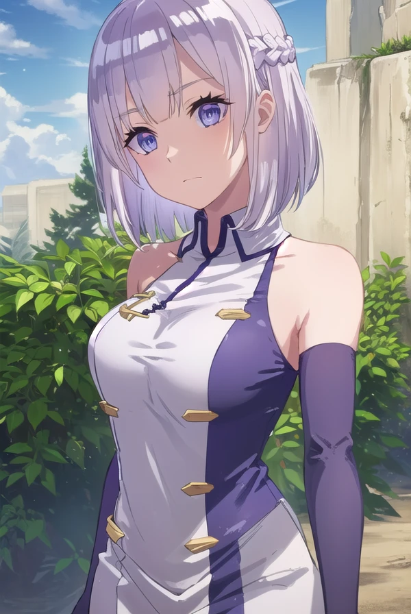 farmingisekaihakuren, <lora:farming isekai hakuren s1-lora-nochekaiser:1>,
hakuren, short hair, (purple eyes:1.1), braid, grey hair,
BREAK gloves, bare shoulders, sleeveless, black gloves, elbow gloves, chinese clothes,
BREAK outdoors, farm, crops, plants, trees, grass, sun, sky, clouds,
BREAK looking at viewer, (cowboy shot:1.5)
BREAK <lyco:GoodHands-beta2:1>, (masterpiece:1.2), best quality, high resolution, unity 8k wallpaper, (illustration:0.8), (beautiful detailed eyes:1.6), extremely detailed face, perfect lighting, extremely detailed CG, (perfect hands, perfect anatomy),