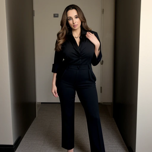 business photo of full body shot of a portrait of ava_addams, pants, black attire  <lora:ava_addams:1>. Whole outfit, clear, sharp, balanced. Professional attire, workplace setting, confident<lora:lcm-lora-sd15:1.0>