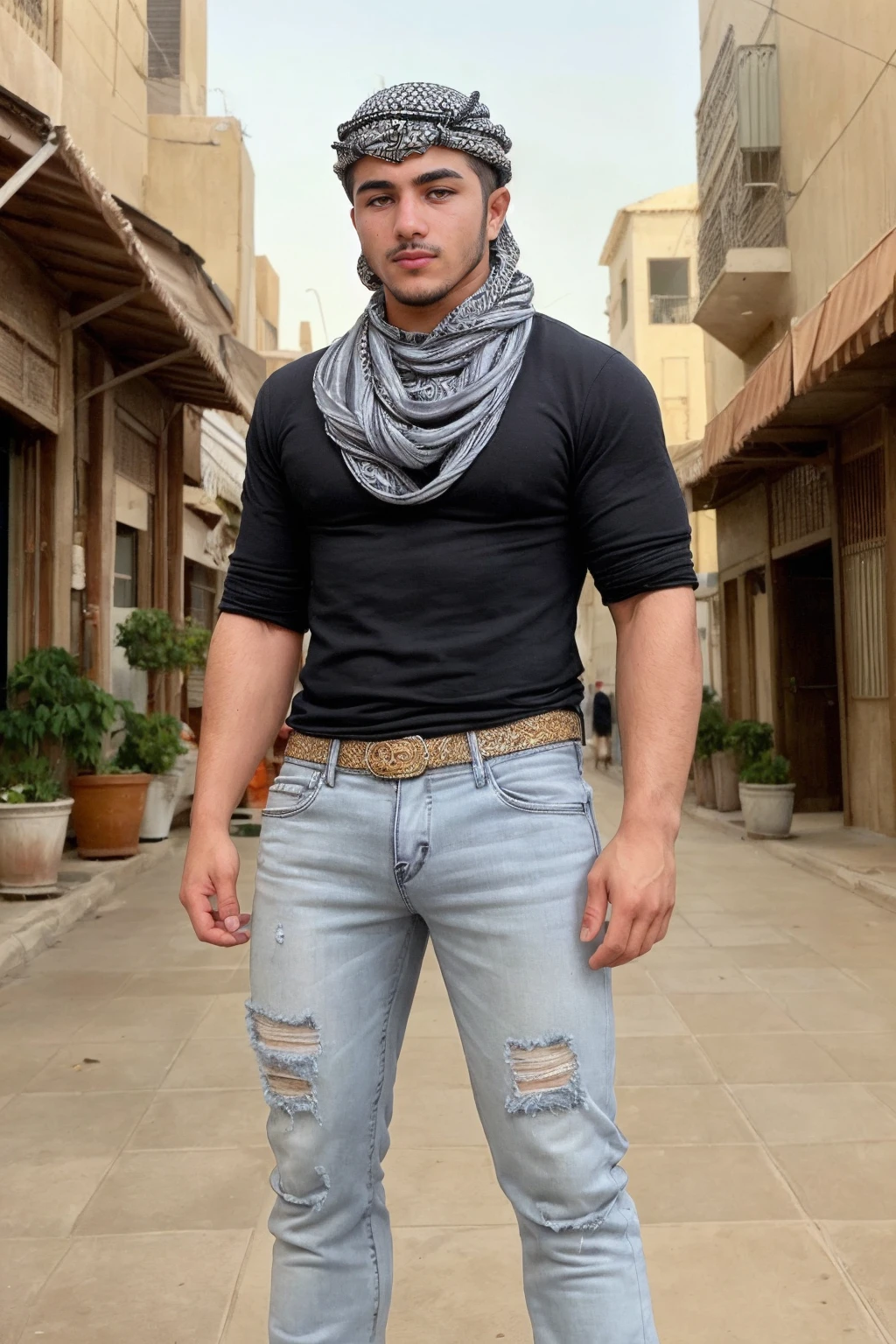 <lora:fmounshed-14:0.75> photo of fmounshed, wearing a keffiyeh and fitted jeans and well-fitted t-shirt BREAK natural evening light, warm intimate mood BREAK street lamps, ancient middle east city