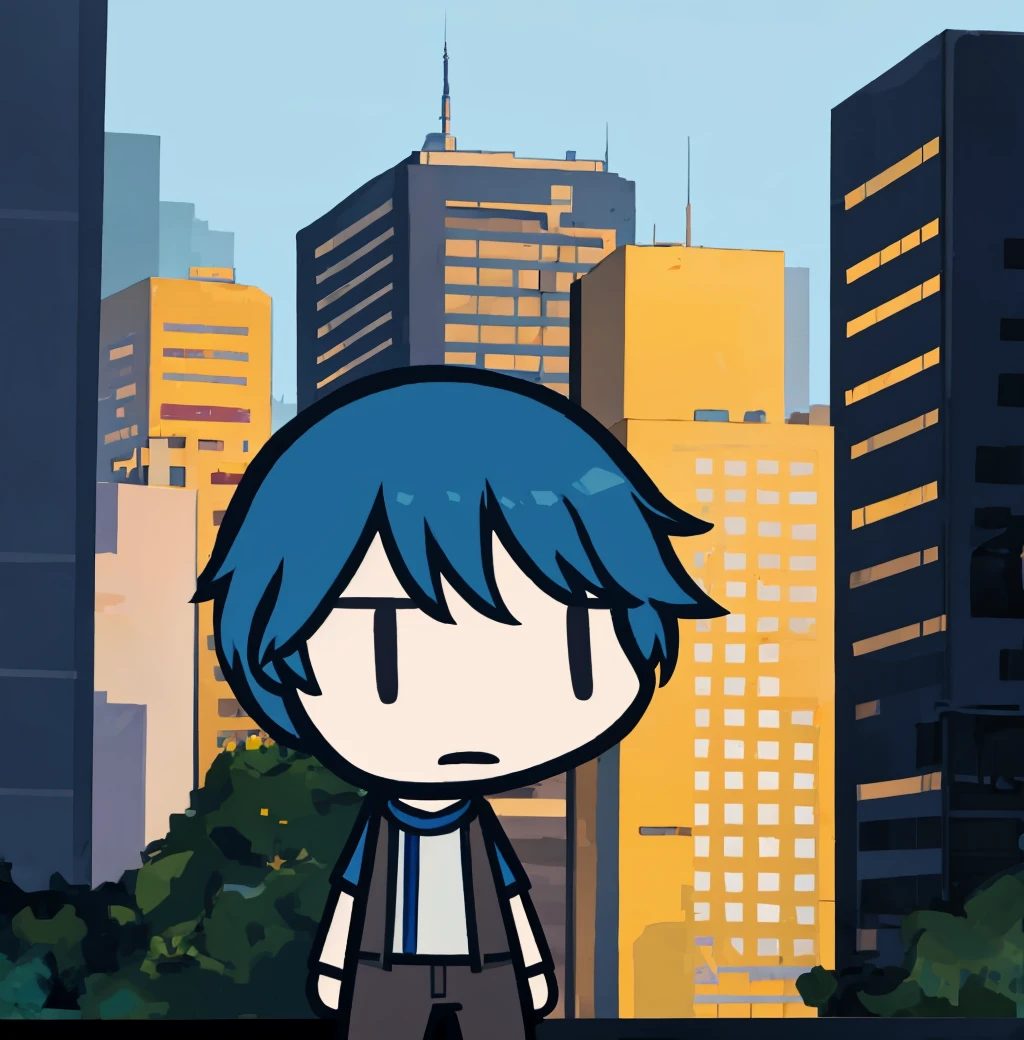 walfas,no nose,standing,1boy,blue hair,:o,city,solo,<lora:walfas-07:1>,