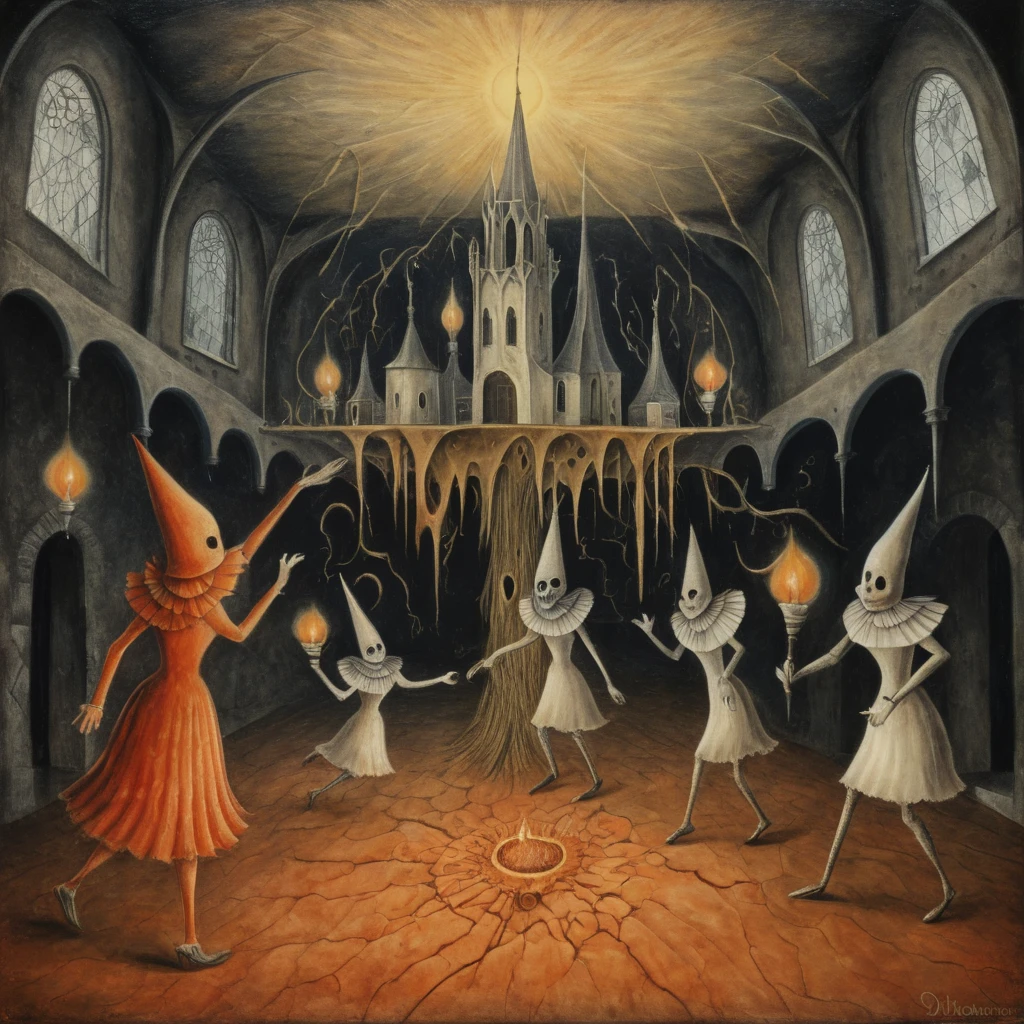 (((Old oil Painting by R3m3diosVaro ,surrealism:1,terror (theme),surreal:1))),a party on the church,dancing ,happy,embers,detailed