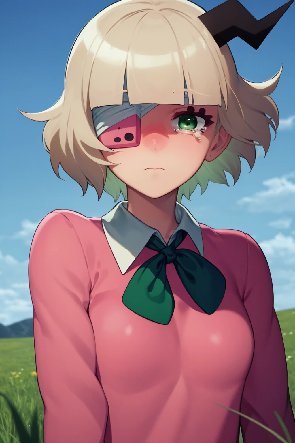 masterpiece, best quality,
1girl, ruruchan, blonde hair, short hair, eyepatch, green eyes, horns, collared shirt, pink sweater, long sleeves, ribbon,
tears, sad, upper body, solo, looking at viewer, grass, blue sky, meadow background <lora:Ruruchan:1>
