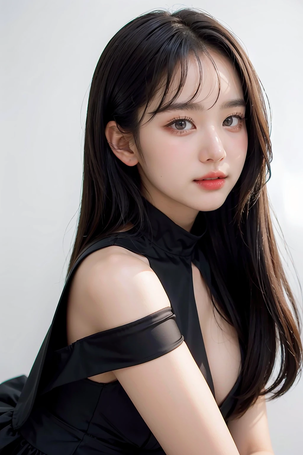 13 year old teenage girl with pale skin and long hair, Straight black hair. big, dark eyes , With an intense and enigmatic look. Wear Orphan movie clothing styles, With a more elegant and sophisticated touch, Matching her mysterious and intense personality. Overall, Her appearance will be impressive, Attract curious and intriguing looks. flat-chest, Cinematic lighting, chromatic abberation, Backlighting, masutepiece, high details, High quality, 4K.