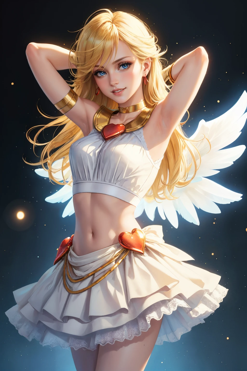 (masterpiece, best quality:1.2), solo, 1girl, psgpanty, smile, looking at viewer, arm behind head, crop top, brooch, bridal gauntlets, white skirt, choker, armlet, bracelet, angel wings, spotlight <lora:psg_panty:1>