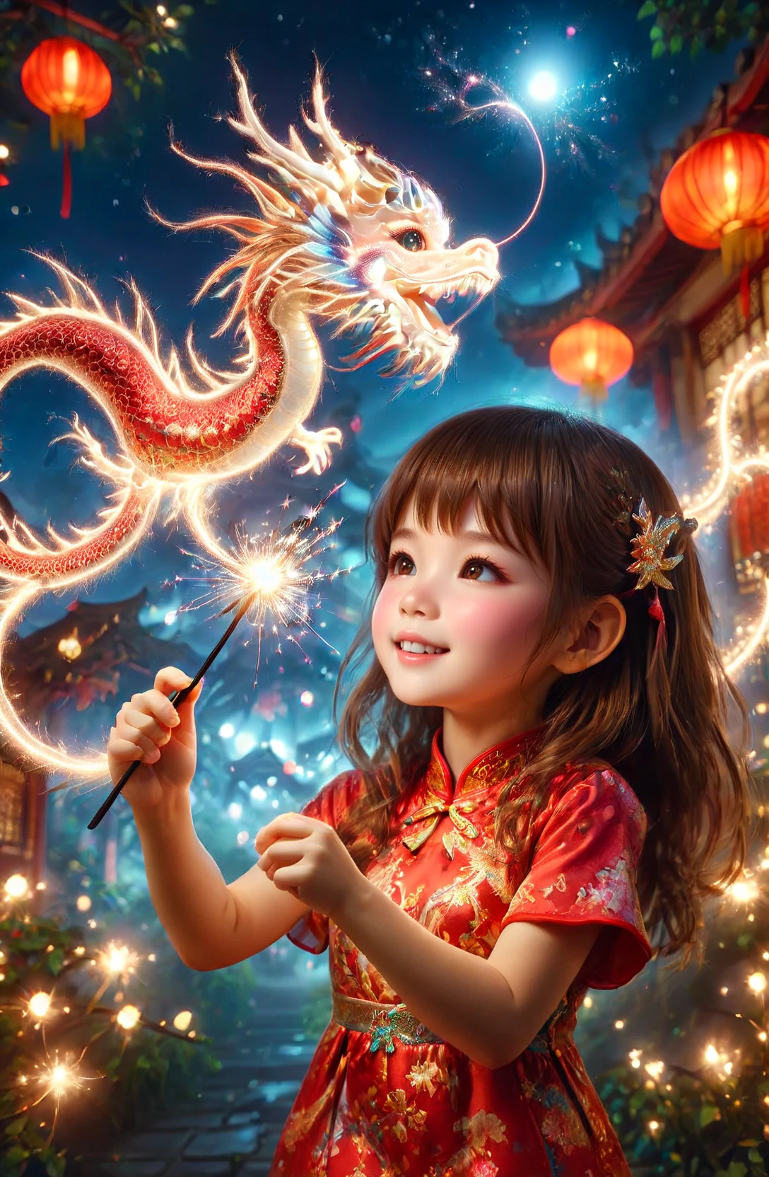 amazing quality, masterpiece, best quality, hyper detailed, ultra detailed, UHD, DOF, depth of field, HDR, perfect anatomy
solo, cute, kawaii, brown hair, joyfully plays with fairy wand, waving it in the air, red lantern, wearing red cheongsam, milky way,
a small cfc-spark-dragon above the fairy wand, translucent, dazzling, shine, sparking, trajectory of sparks,
<lora:cfc-spark-dragon-000006:0.75>,
<lora:ral-lnrnwyr-sdxl:0.5>, ral-lnrnwyr,
<lora:add-detail-xl:0.75>,
<lora:extremely_detailed:0.75>, extremely detailed,
<lora:EnvyBetterHiresFixXL01:1.0>,
<lora:DonM3t3rn1tyXL-v1.1-000008:0.7>, DonM3t3rn1tyXL,
<lora:zavy-chnsdrgn-sdxl:0.5>, zavy-chnsdrgn,
SK_Fantasy,