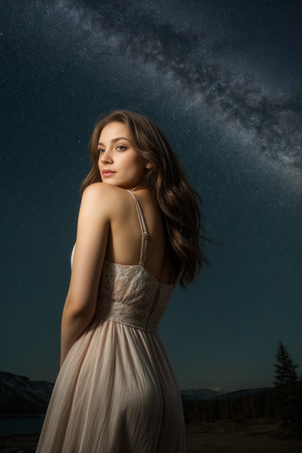 most beautiful woman on the planet earth in front of a starry sky with the milky way and northern lights in beautiful expression of universal light,<lora:add_detail:0.88>,<lora:hairdetailer:1>,