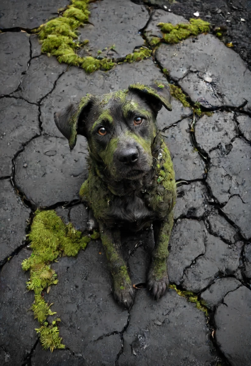 a dog made out of black asphalt pebbles and moss, cracked <lora:- SDXL - blk_weathered_asp_V1.0:.8>