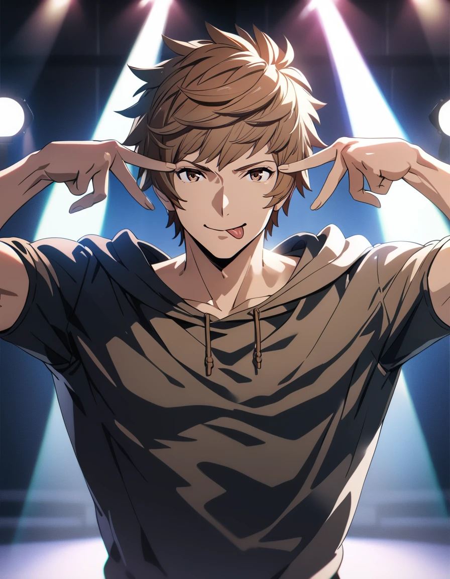 1boy,
gran \(granblue fantasy\), granblue fantasy,
casual wear,
solo,stage light,smile,
<lora:oshinokoparodyXL1:0.8>,oshinokoparody, tongue out,double v, upper body,
masterpiece, best quality, ultra detailed, highres,4k,(ultra-detailed:1.4) (illustration:0.5), (ray tracing,:0.8),(anime colored:0.7),(ai-generated:0.2),