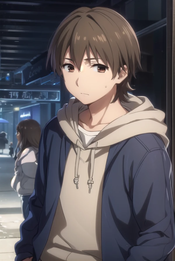 rentaroufutaba, <lora:rentarou futaba s1-lora-nochekaiser:1>,
rentarou futaba, short hair, brown hair, (brown eyes:1.5), male focus,
BREAK long sleeves, jacket, open clothes, hood, open jacket, hoodie, hood down,
BREAK outdoors, city,
BREAK looking at viewer, (cowboy shot:1.5)
BREAK <lyco:GoodHands-beta2:1>, (masterpiece:1.2), best quality, high resolution, unity 8k wallpaper, (illustration:0.8), (beautiful detailed eyes:1.6), extremely detailed face, perfect lighting, extremely detailed CG, (perfect hands, perfect anatomy),