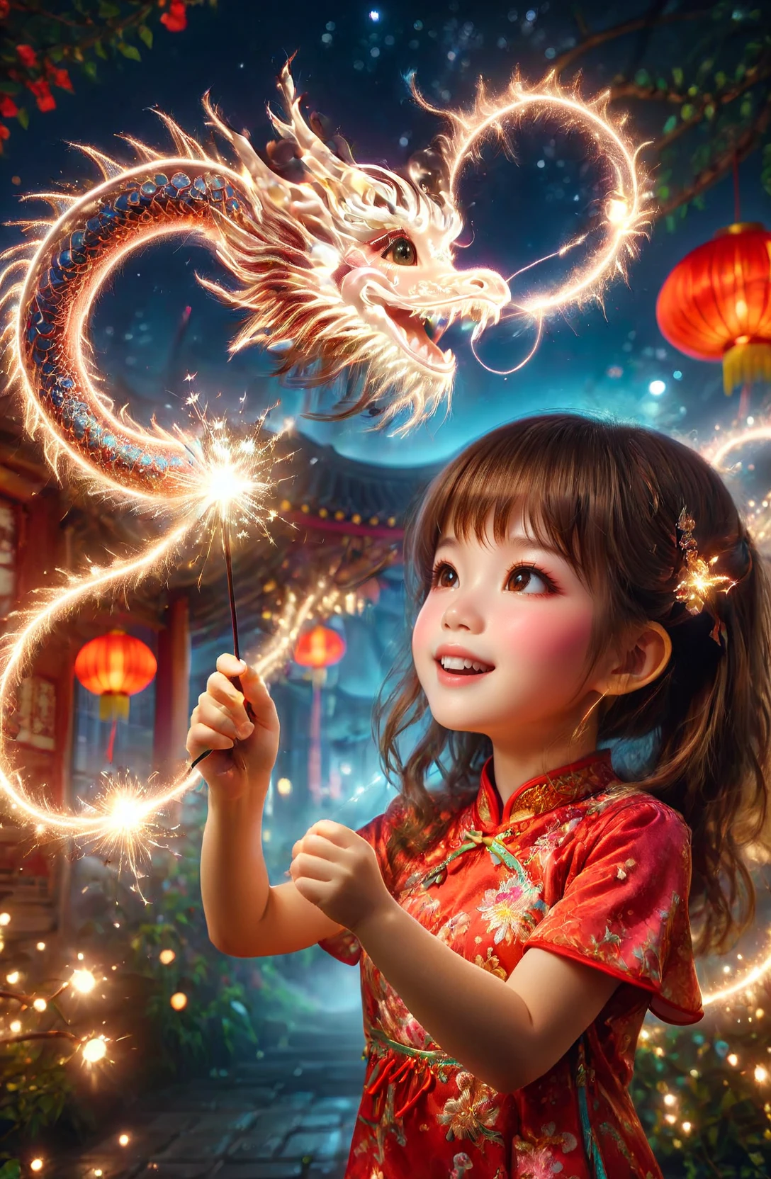amazing quality, masterpiece, best quality, hyper detailed, ultra detailed, UHD, DOF, depth of field, HDR, perfect anatomy
solo, cute, kawaii, brown hair, joyfully plays with fairy wand, waving it in the air, red lantern, wearing red cheongsam, milky way,
a small cfc-spark-dragon above the fairy wand, translucent, dazzling, shine, sparking, trajectory of sparks,
<lora:cfc-spark-dragon-000006:0.75>,
<lora:ral-lnrnwyr-sdxl:0.5>, ral-lnrnwyr,
<lora:add-detail-xl:0.75>,
<lora:extremely_detailed:0.75>, extremely detailed,
<lora:EnvyBetterHiresFixXL01:1.0>,
<lora:DonM3t3rn1tyXL-v1.1-000008:0.7>, DonM3t3rn1tyXL,
<lora:zavy-chnsdrgn-sdxl:0.5>, zavy-chnsdrgn,
SK_Fantasy,